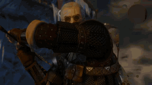 a man wearing sunglasses is holding a sword in his hand