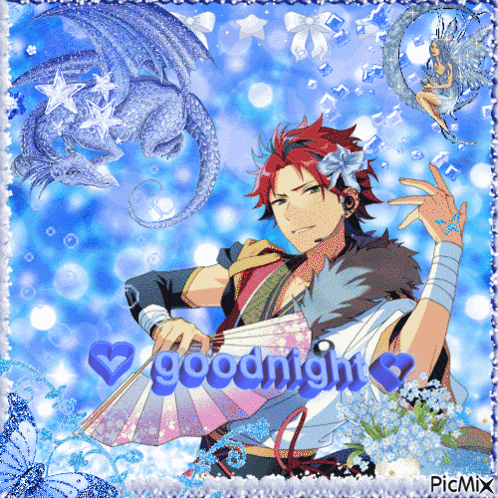 a picture of a man holding a fan and the words goodnight