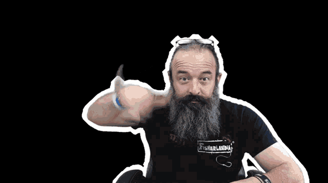 a man with a beard is wearing a black shirt that says ' fisherman ' on it