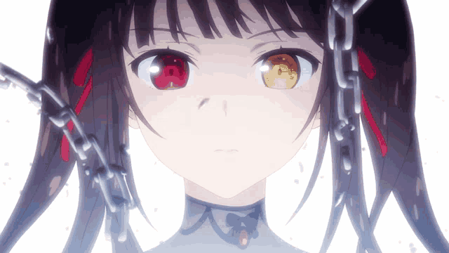 a girl with red eyes and yellow eyes is chained to a chain