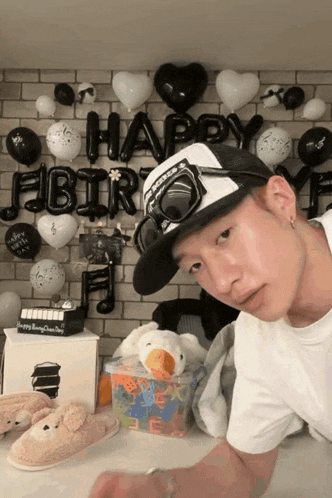 a man wearing a hat and goggles stands in front of a wall with balloons that say happy birthday