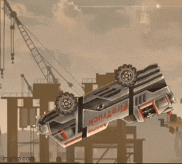 a car is being lifted by a crane in a video game
