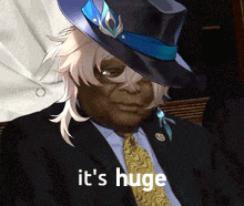 a man wearing a hat and a suit says " it 's huge "