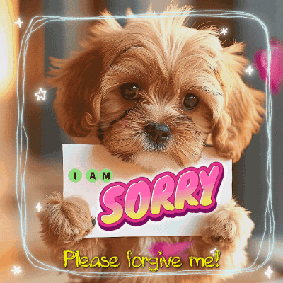 a puppy holding a sign that says sorry on it