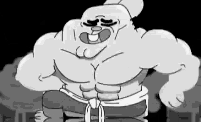 a black and white drawing of a cartoon character with huge muscles and a belt around his waist .