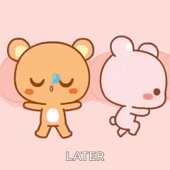 a brown teddy bear and a pink teddy bear are standing next to each other on a pink background with the words later on the bottom