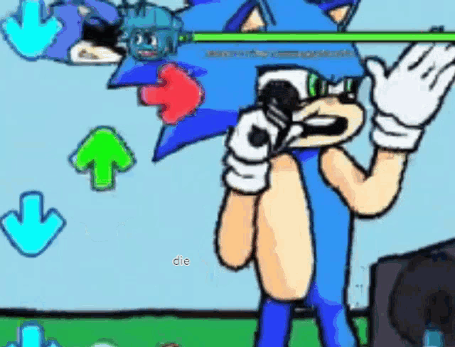 a cartoon of sonic the hedgehog holding a microphone and a gun .