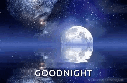 a full moon is reflected in the water with the words `` goodnight '' above it .
