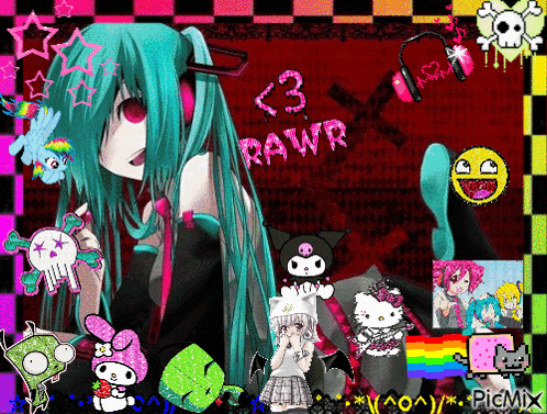 a picture of a girl with headphones and the words rawr in pink