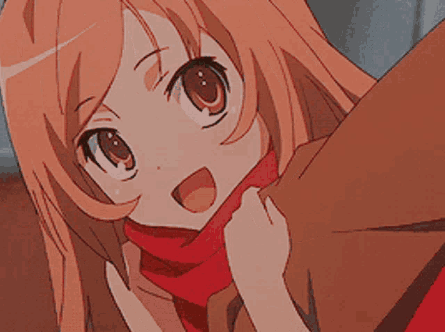 a close up of a girl with orange hair wearing a scarf