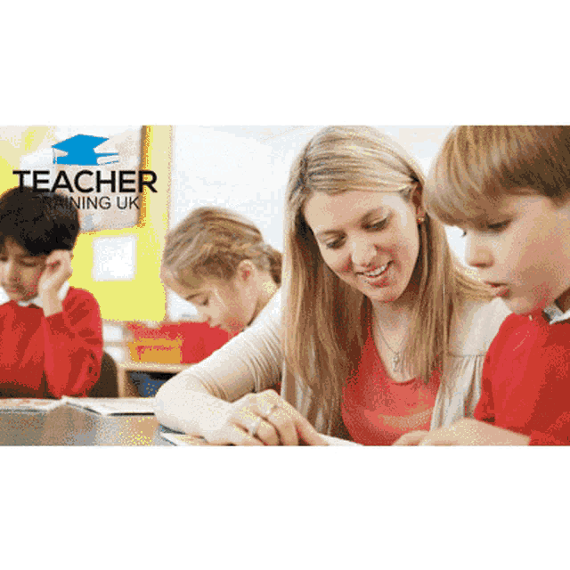 a teacher is helping a young boy with his homework while a teacher training uk logo is behind them
