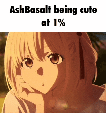 a picture of a blonde anime girl with the caption ashbasalt being cute at 1%