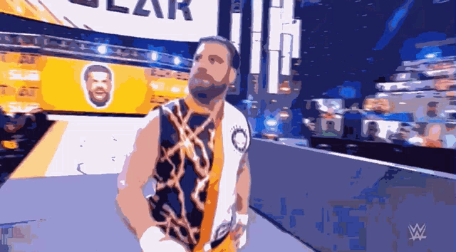 a cartoon of a wrestler walking in front of a sign that says ' lar '