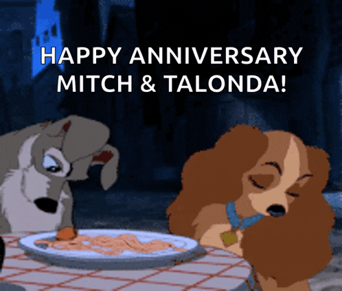 lady and the tramp animated greeting card that says happy anniversary mitch and talonda