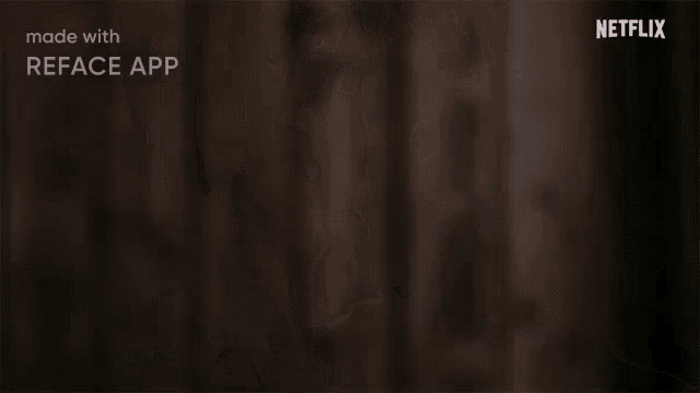 a close up of a person 's face with the words made with reface app on the top