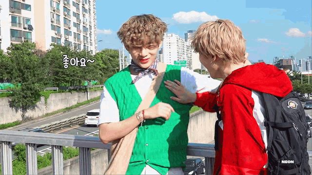 two boys are standing on a bridge with one wearing a green vest