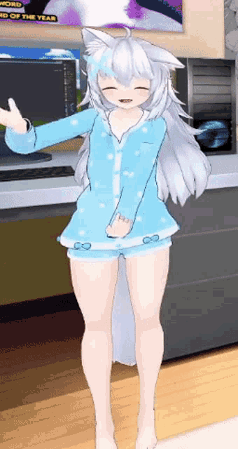 a girl with white hair is standing in front of a desk with a poster that says word of the year on it