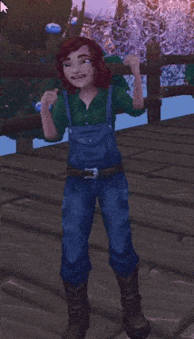 a girl in overalls and boots is standing on a wooden deck .