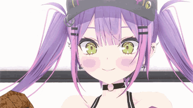 a girl with purple hair and green eyes is wearing a black hat with the number 16 on it