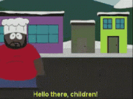 a cartoon character says hello there children in front of some buildings