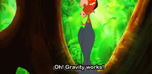 a cartoon character says " oh gravity works "