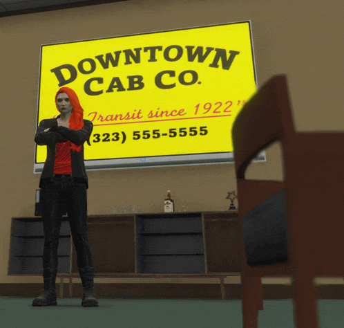 a woman stands in front of a yellow sign that says downtown cab co