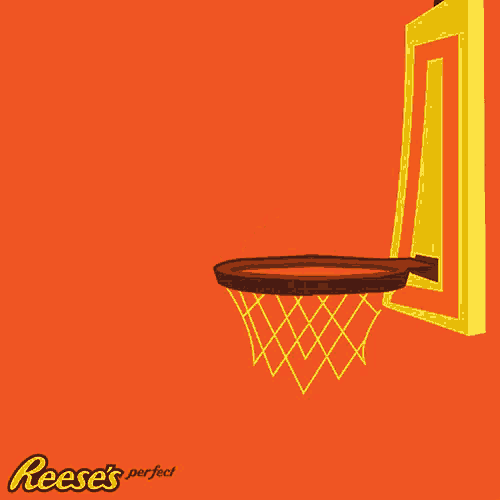an advertisement for reese 's perfect shows a basketball hoop on an orange background