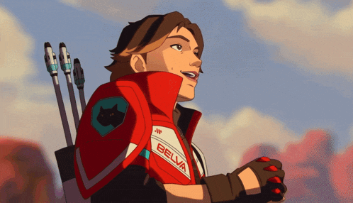 a man in a red jacket with the word belva on the back