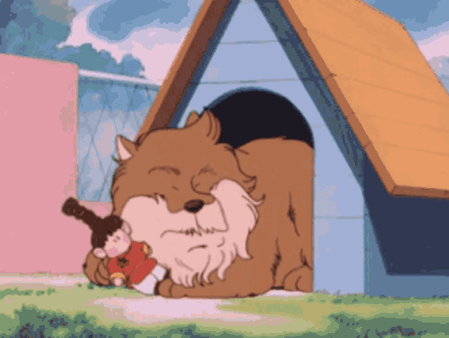a cartoon drawing of a dog and a girl