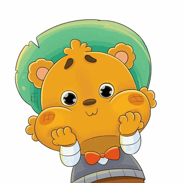 a cartoon bear with a green hat and a bow tie