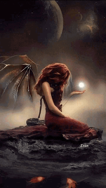 a woman in a red dress with dragon wings is sitting on a rock holding a light in her hands
