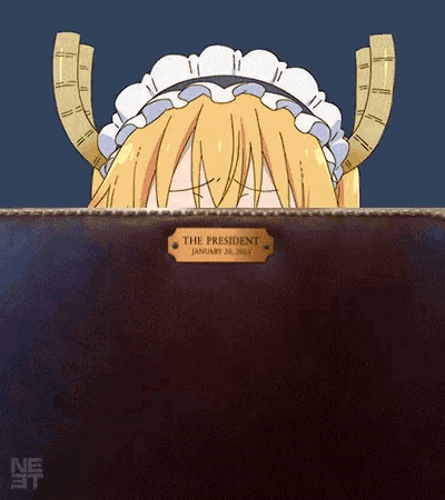 a cartoon of a maid peeking over a plaque that says the president