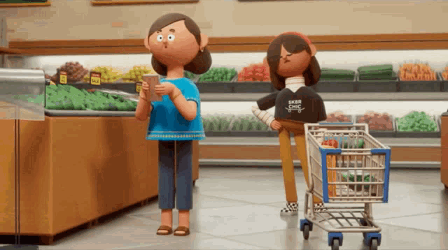 two cartoon characters in a grocery store one wearing a shirt that says " keep chic "