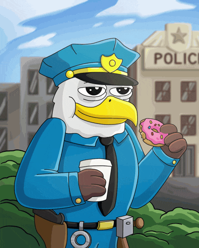 a cartoon of an eagle police officer eating a donut and drinking coffee