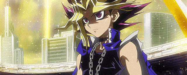 a boy with a chain around his neck stands in front of a city
