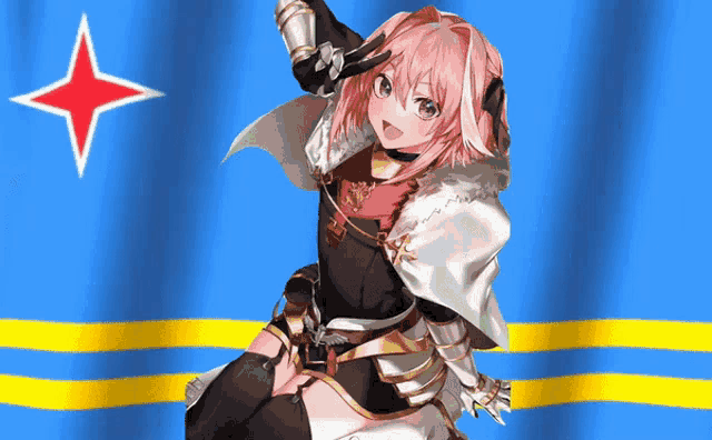 a girl with pink hair stands in front of a blue and yellow flag with a red star on it