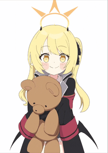 a girl with horns is holding a brown teddy bear