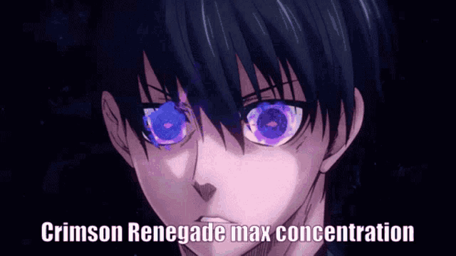 a close up of a person 's face with purple eyes and the words crimson renegade max concentration