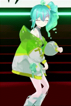 a cartoon character with green hair and a green jacket is dancing