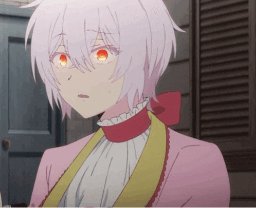 a girl with white hair and red eyes is wearing a pink jacket