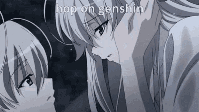a couple of anime characters are looking at each other with the words hop on genshin above them