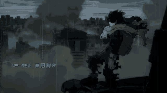 a cartoon of a man standing on a rooftop with a city in the background