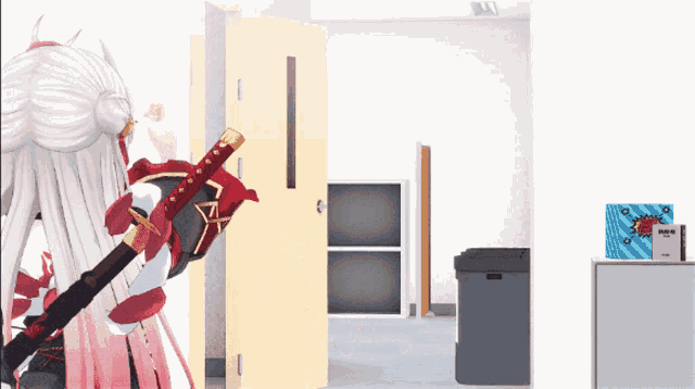 a cartoon character is holding a sword in a room with a box that says ' i love you ' on it