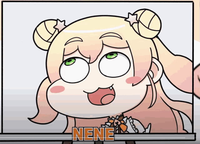 a cartoon of a girl with the name nene on the bottom right
