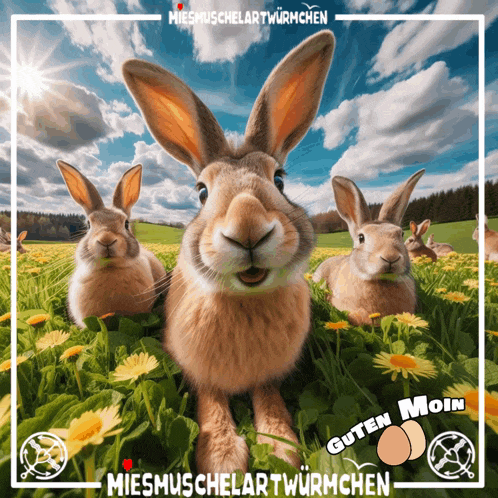 a picture of three rabbits in a field with the words guten moin on the bottom