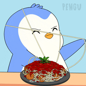 a cartoon of a penguin eating spaghetti with the word pengu on the bottom right