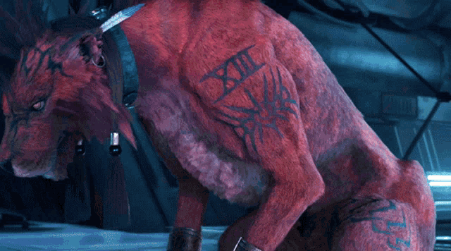 a red animal with a tattoo of xii on its arm