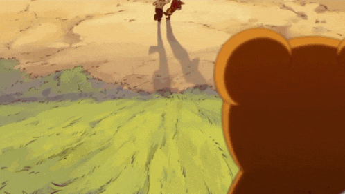 a cartoon drawing of two people walking in a field with their shadows on the ground