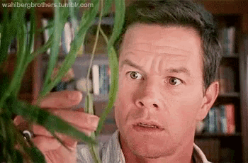 a man is holding a plant in his hand and making a funny face .