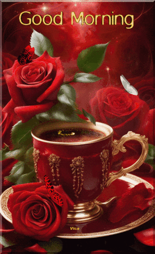 a cup of coffee sits on a saucer surrounded by red roses and a good morning message